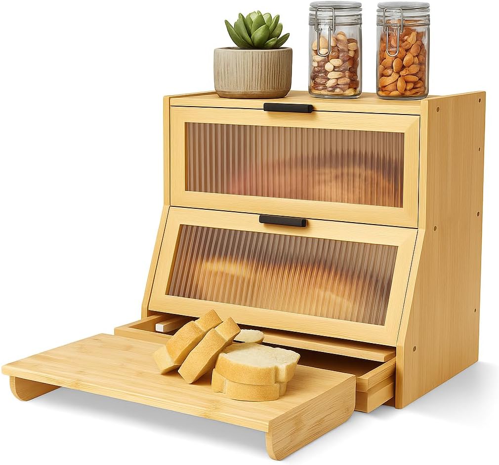 2‑Tier Bamboo Kitchen Bread Storage Organizer