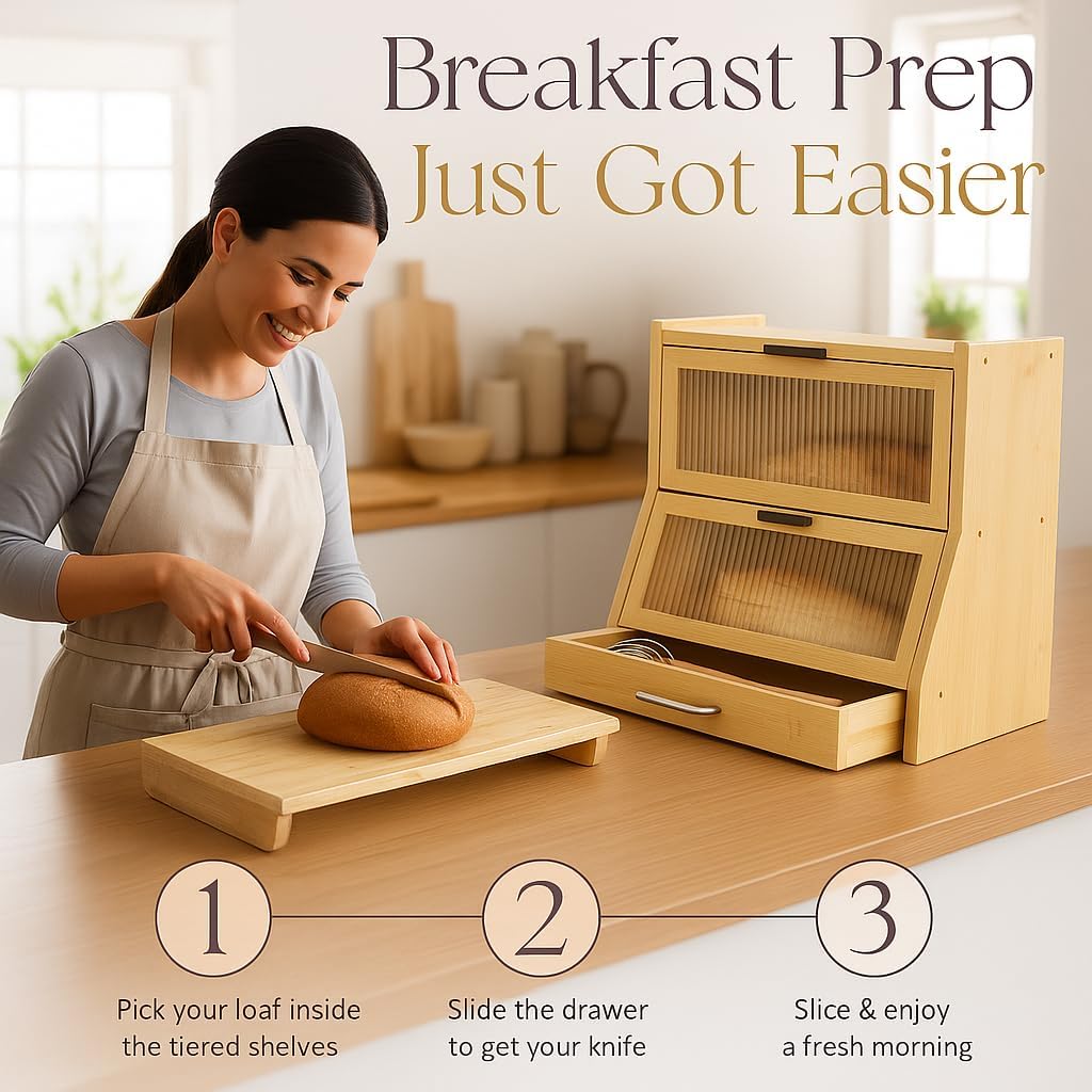 2‑Tier Bamboo Kitchen Bread Storage Organizer