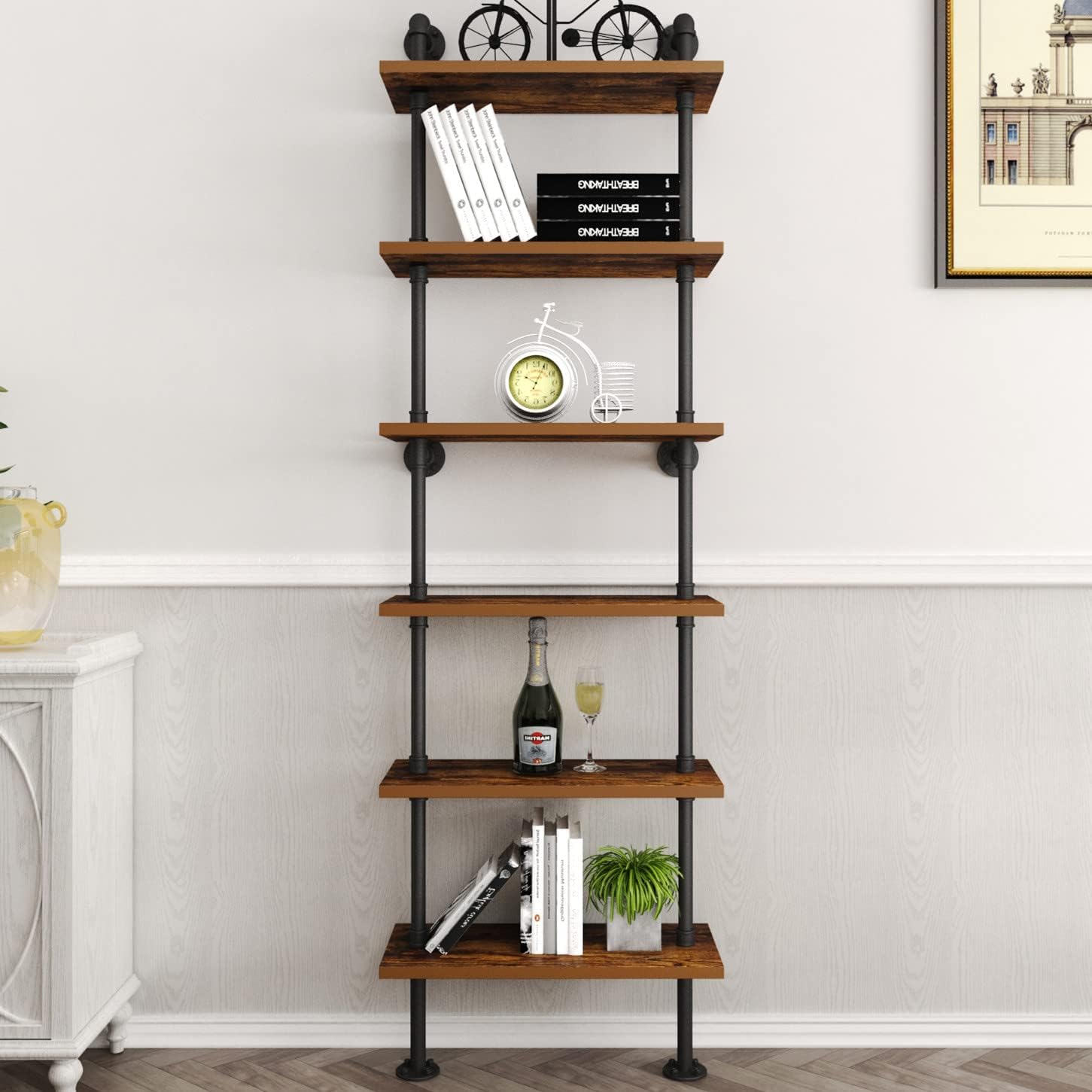 6‑Tier Wall‑Mount Industrial Wood Ladder Shelf