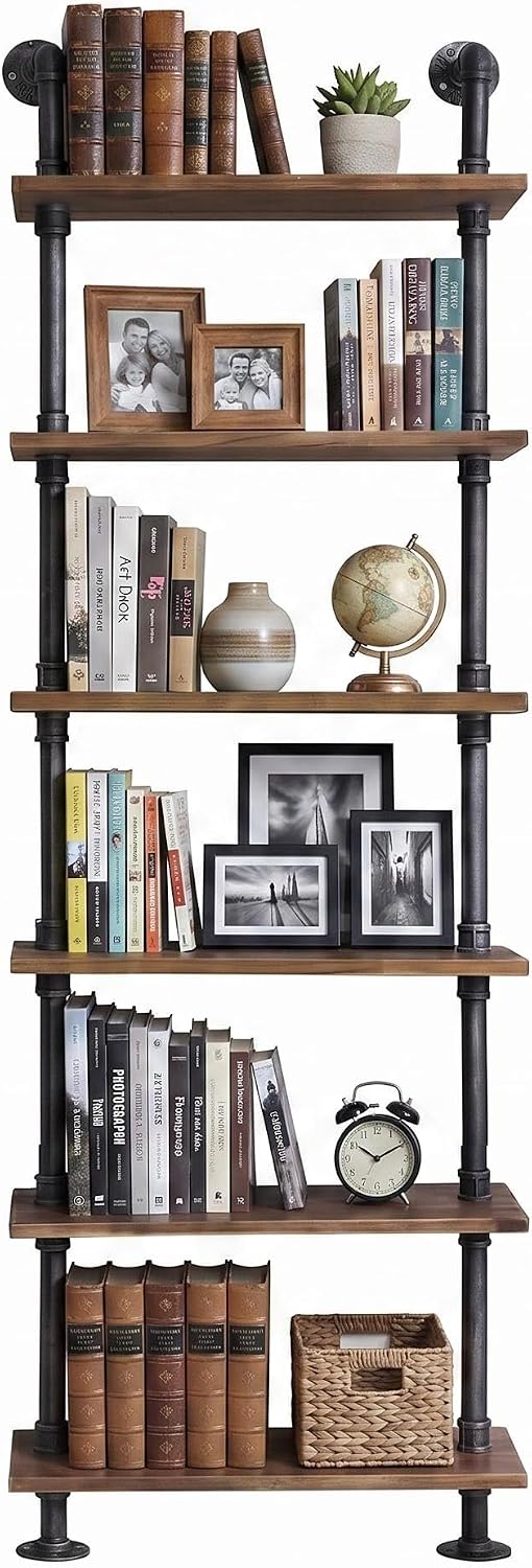 6‑Tier Rustic Wall‑Mount Pipe Wood Shelves