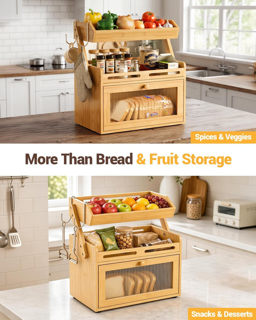 Bamboo Bread Box With Fruit Storage Basket