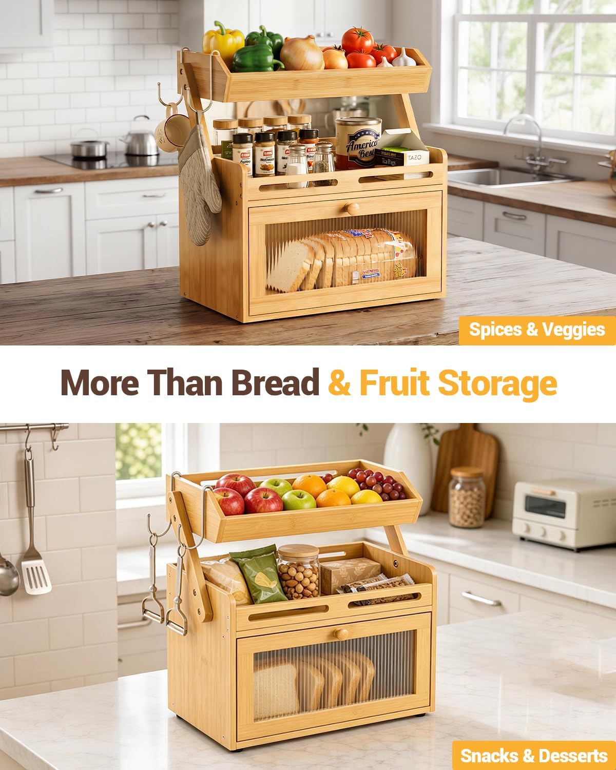 Bamboo Bread Box With Fruit Storage Basket