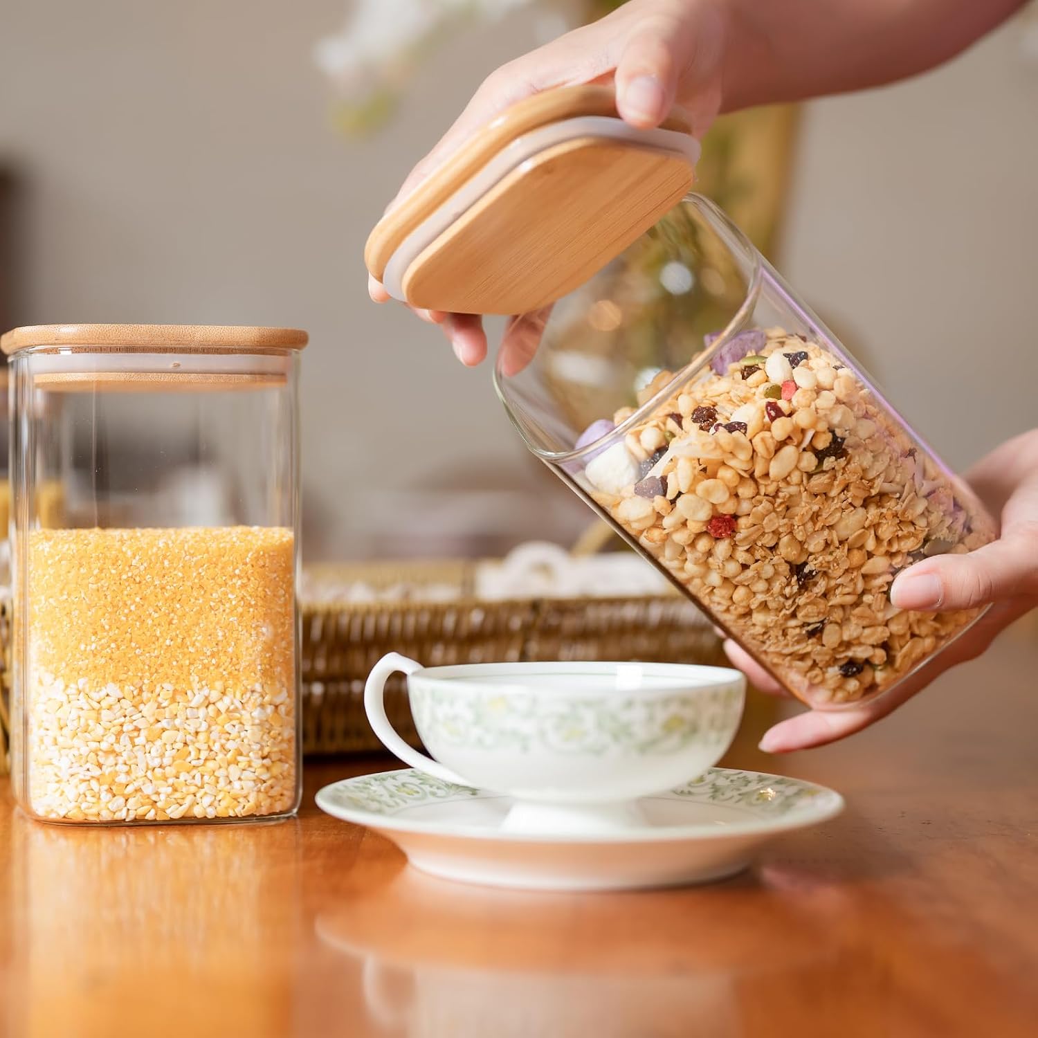Square Bamboo‑Lid Glass Storage Jar Set