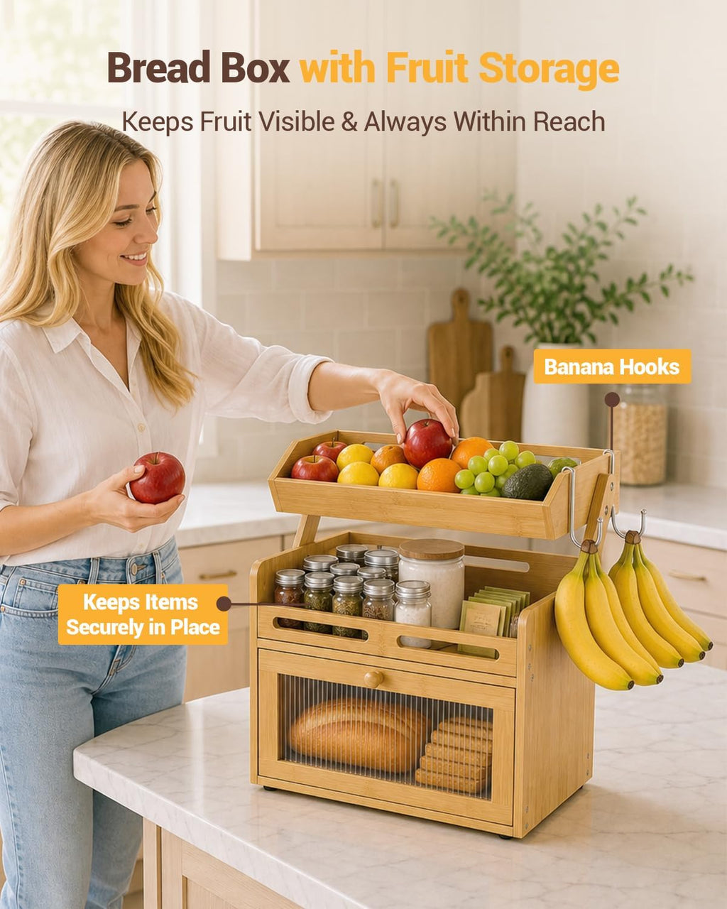 Bamboo Bread Box With Fruit Storage Basket