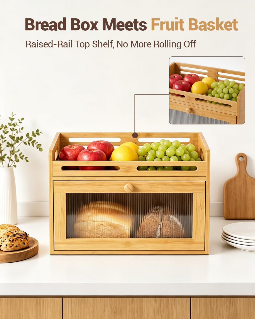 Bamboo Kitchen Bread Box With Top Shelf