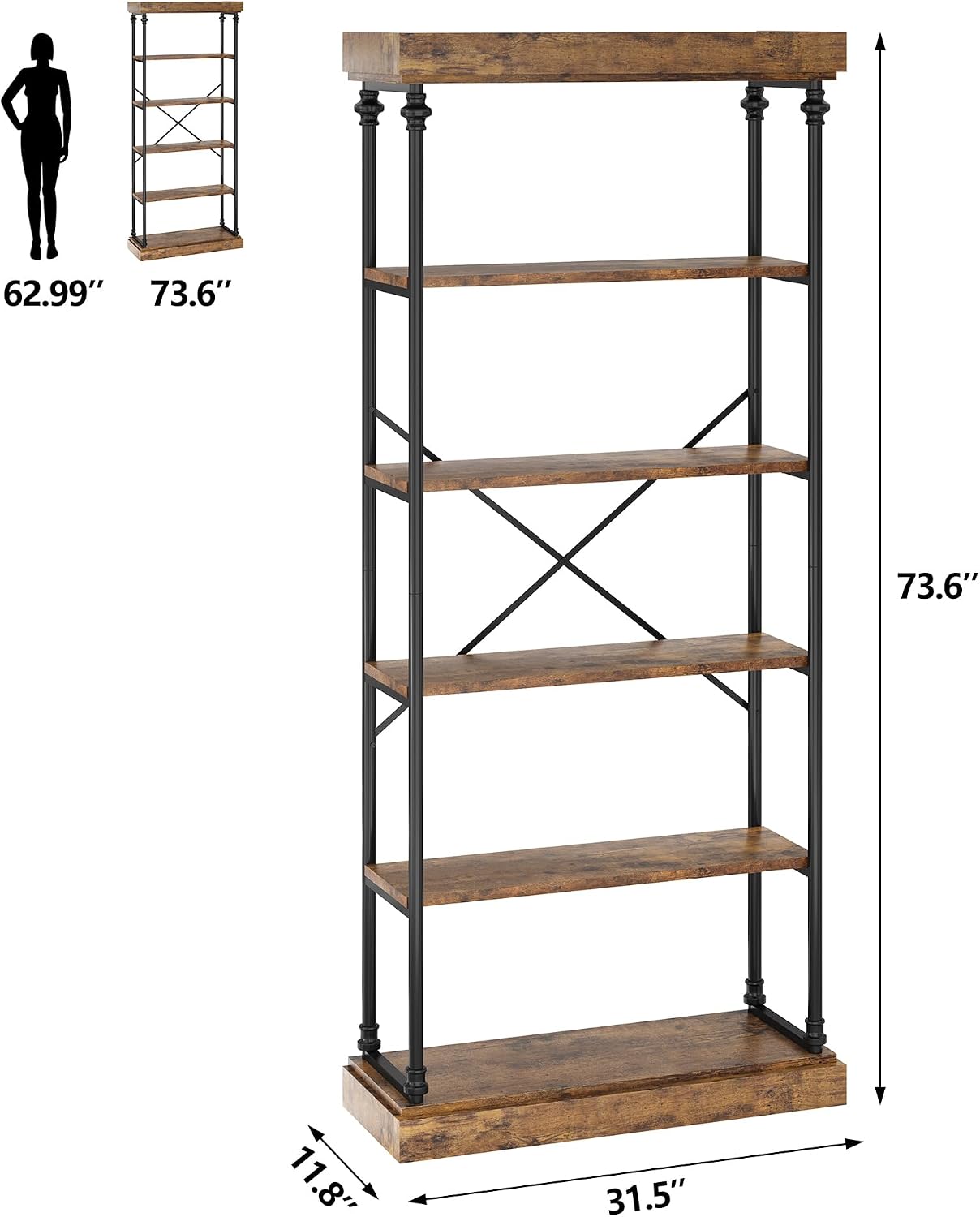 6‑Tier Industrial Vintage Wood Bookshelf
