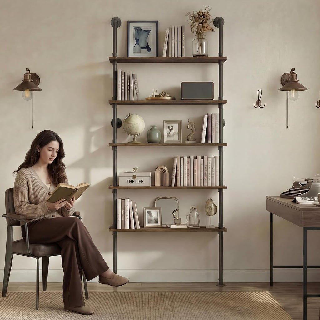 5‑Tier Industrial Pipe Wall Floating Shelves