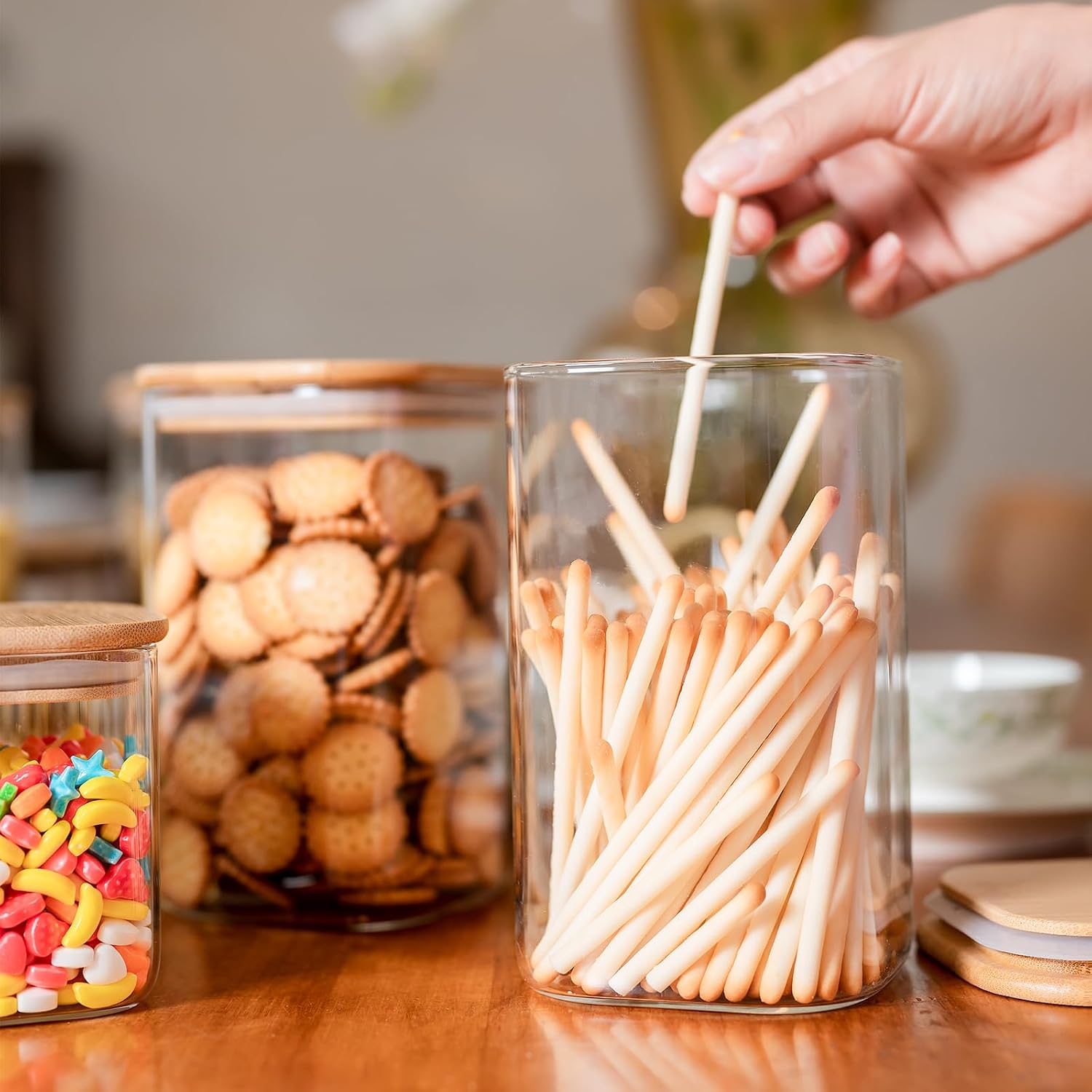 Square Bamboo‑Lid Glass Storage Jar Set