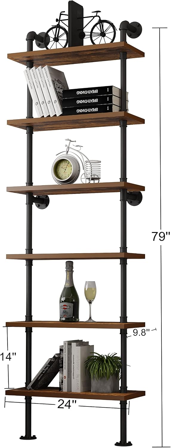 6‑Tier Wall‑Mount Industrial Wood Ladder Shelf