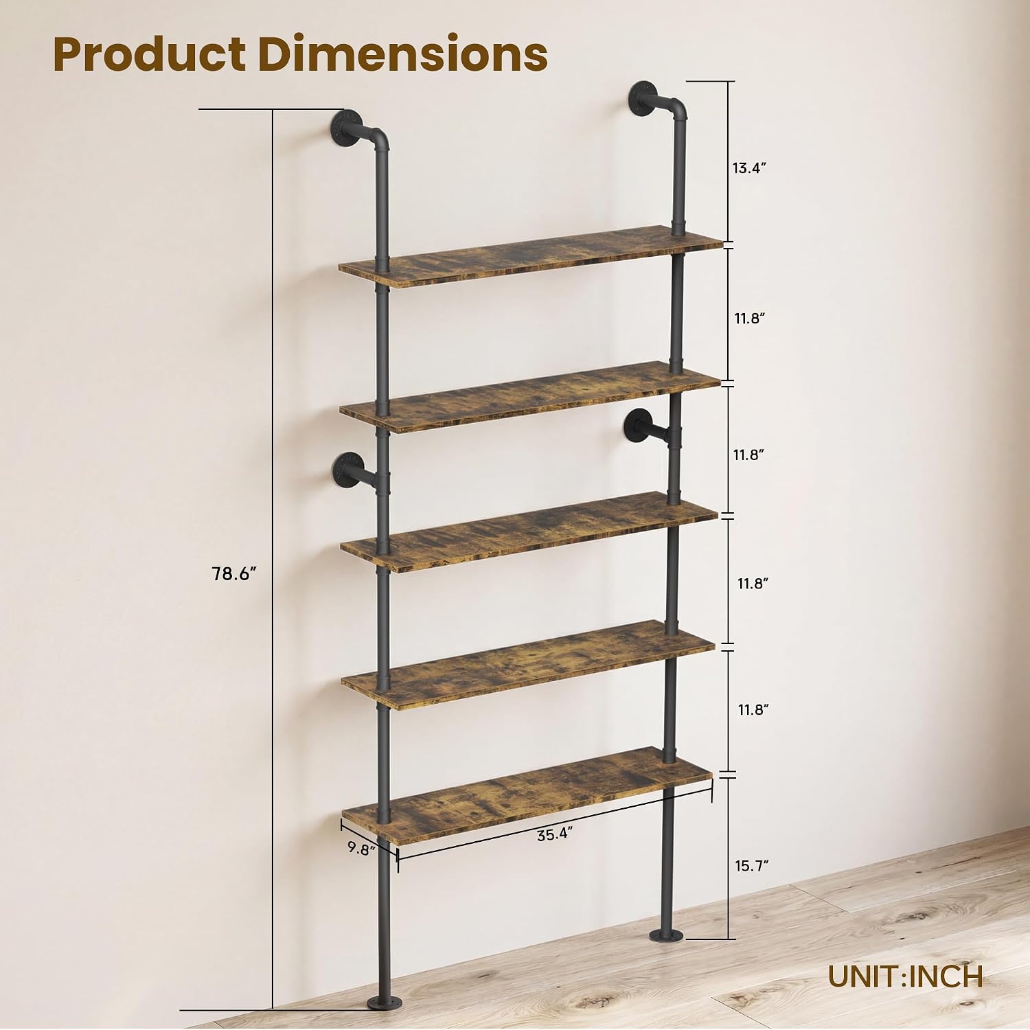 5‑Tier Industrial Pipe Wall Floating Shelves