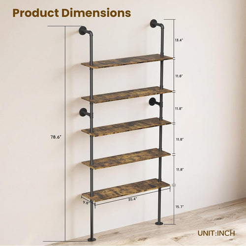 5‑Tier Industrial Pipe Wall Floating Shelves