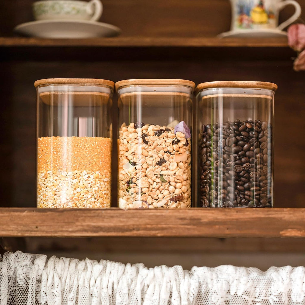 Square Bamboo‑Lid Glass Storage Jar Set