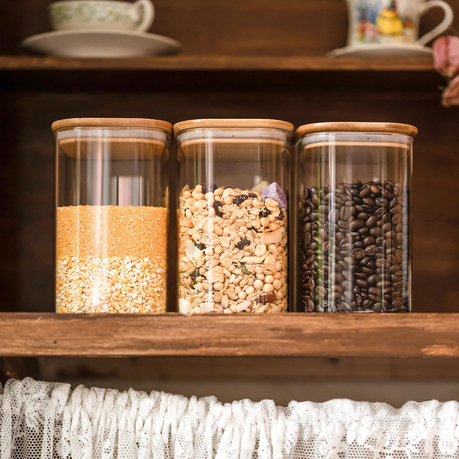Square Bamboo‑Lid Glass Storage Jar Set