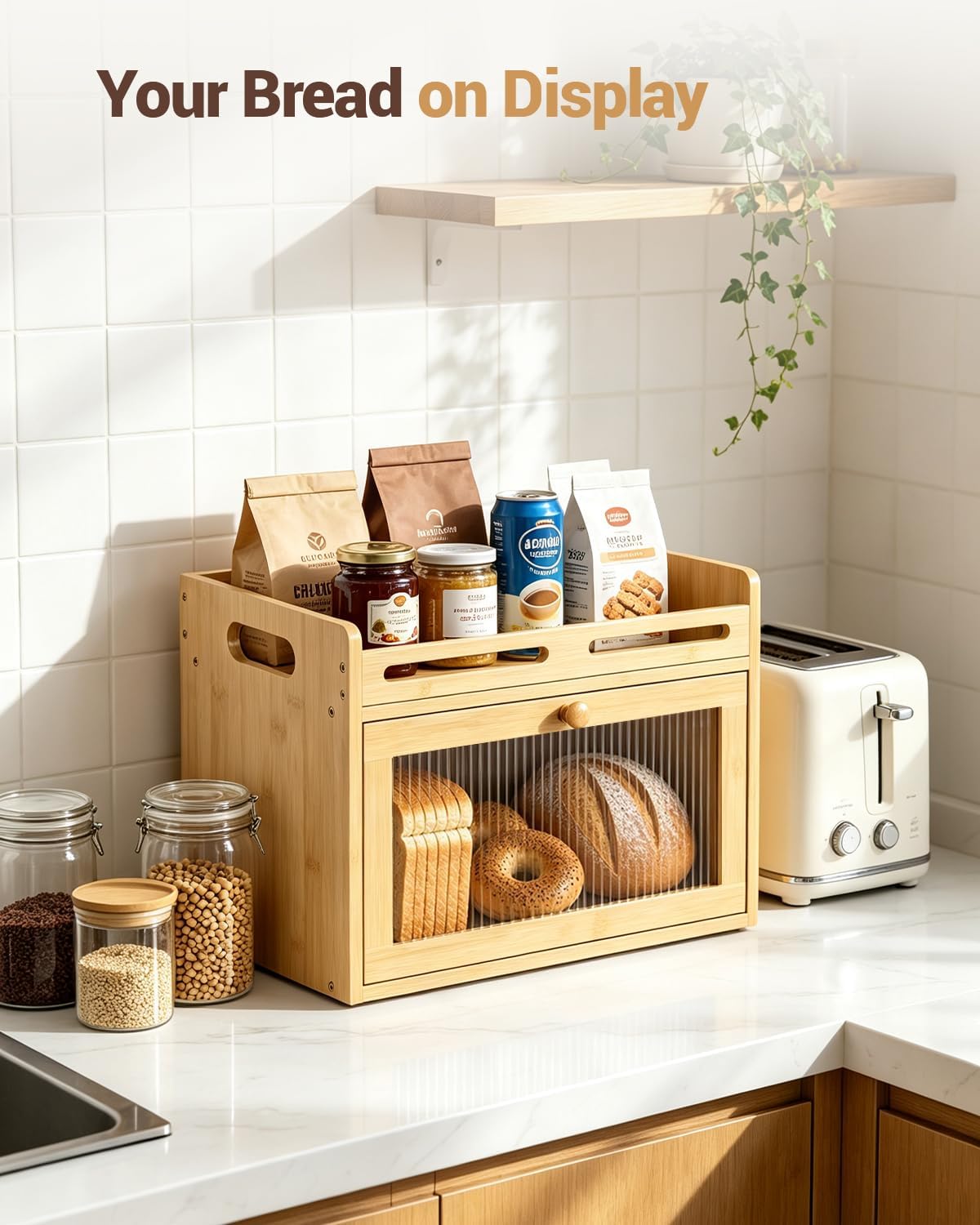 Bamboo Kitchen Bread Box With Top Shelf