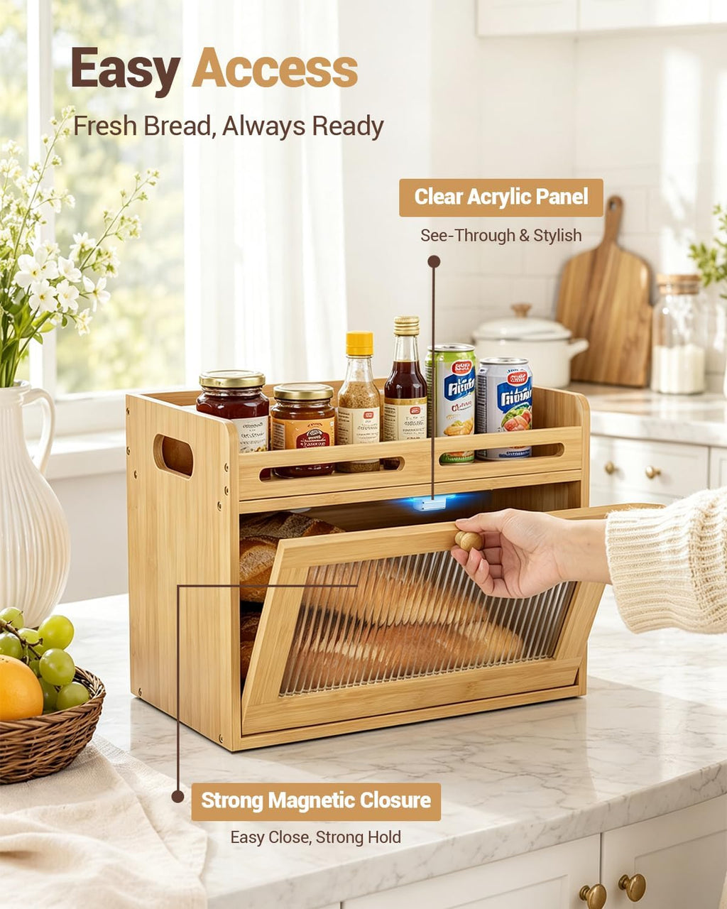 Bamboo Kitchen Bread Box With Top Shelf