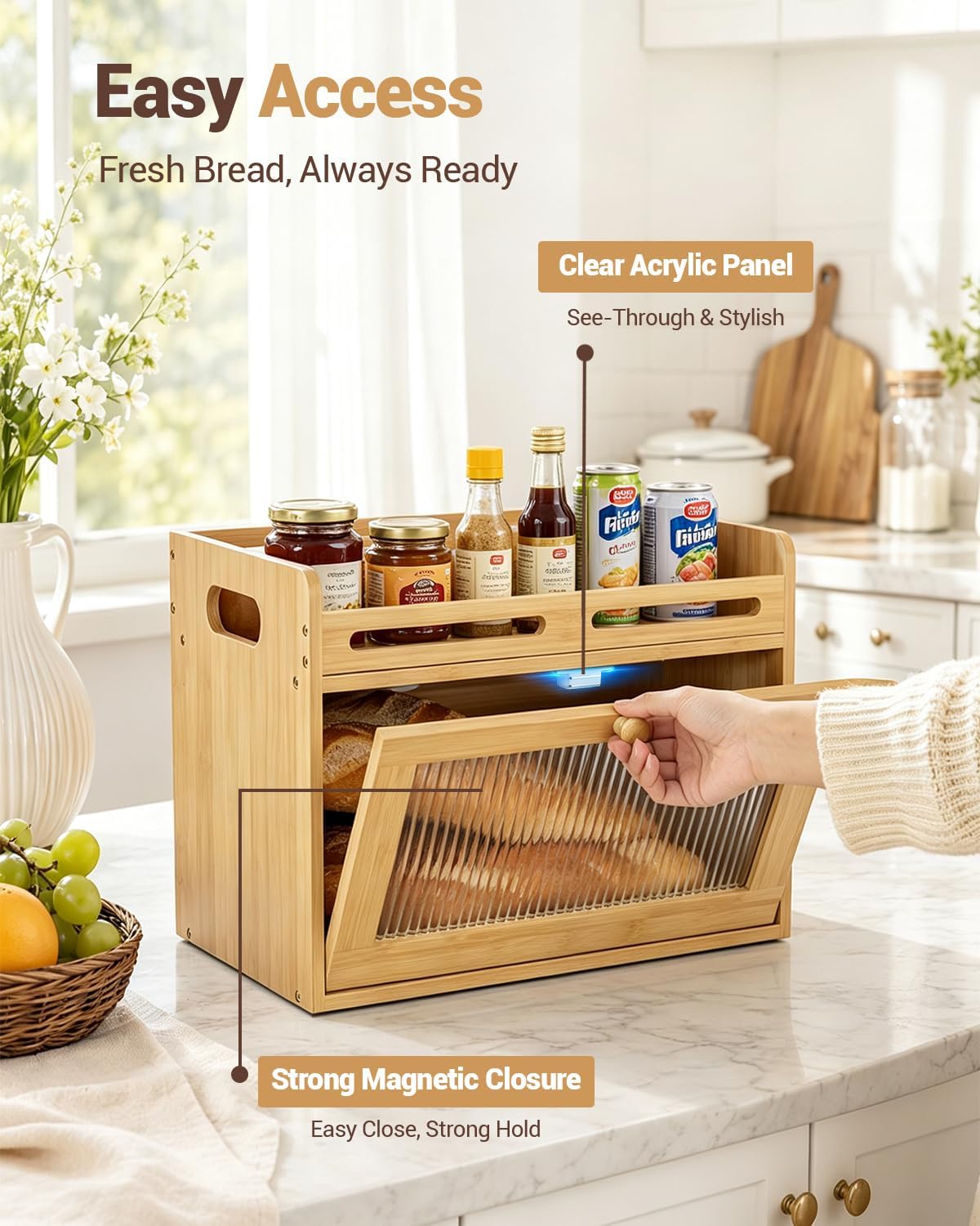 Bamboo Kitchen Bread Box With Top Shelf