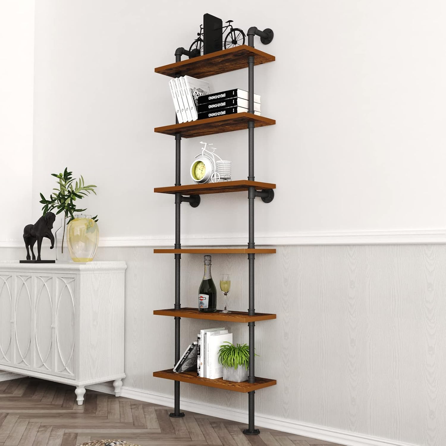 6‑Tier Wall‑Mount Industrial Wood Ladder Shelf