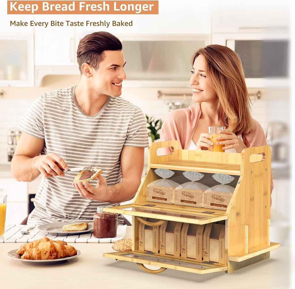 Double‑Layer Bamboo Kitchen Bread Storage Box