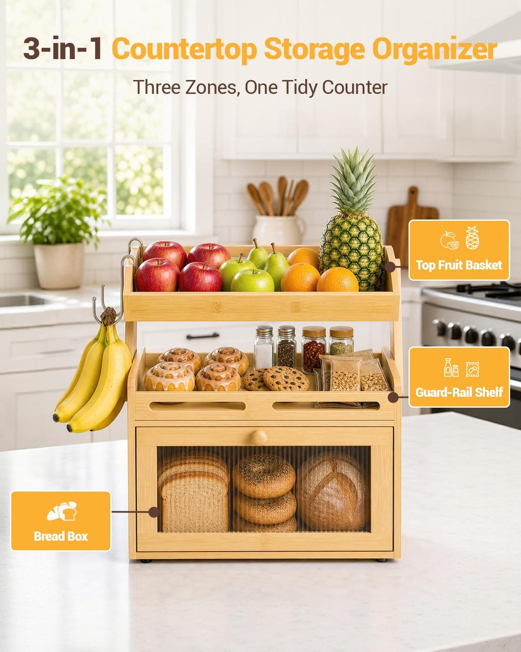 Bamboo Bread Box With Fruit Storage Basket