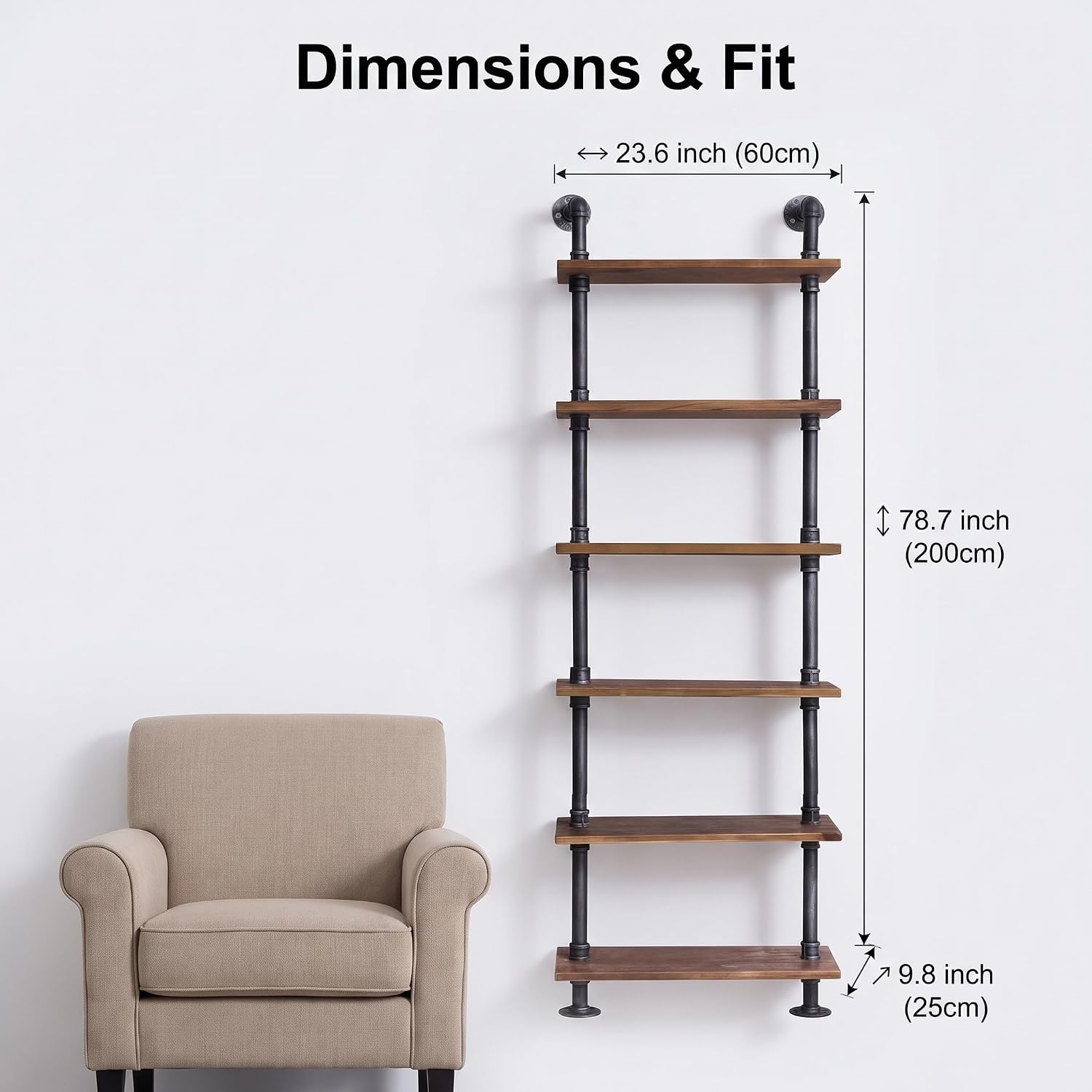 6‑Tier Rustic Wall‑Mount Pipe Wood Shelves