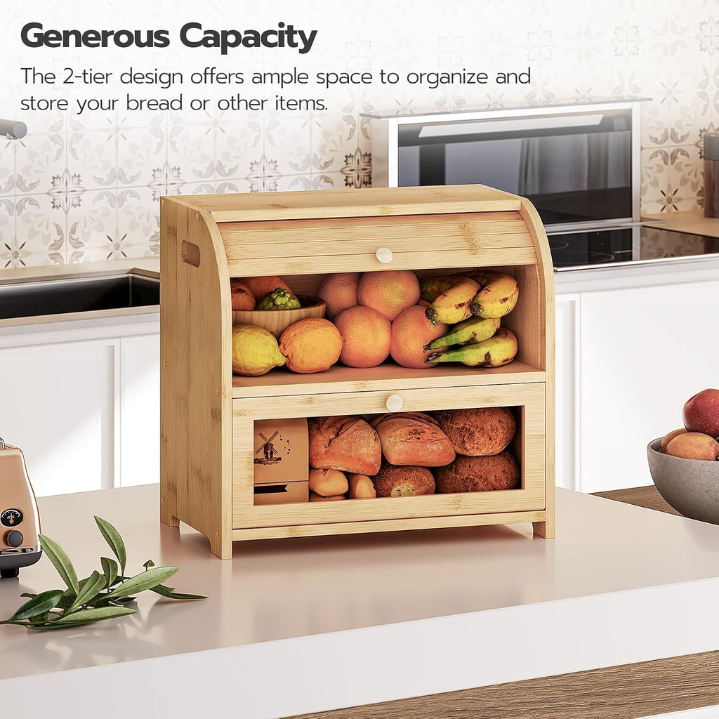 2‑Tier Bamboo Roll‑Top Kitchen Bread Box