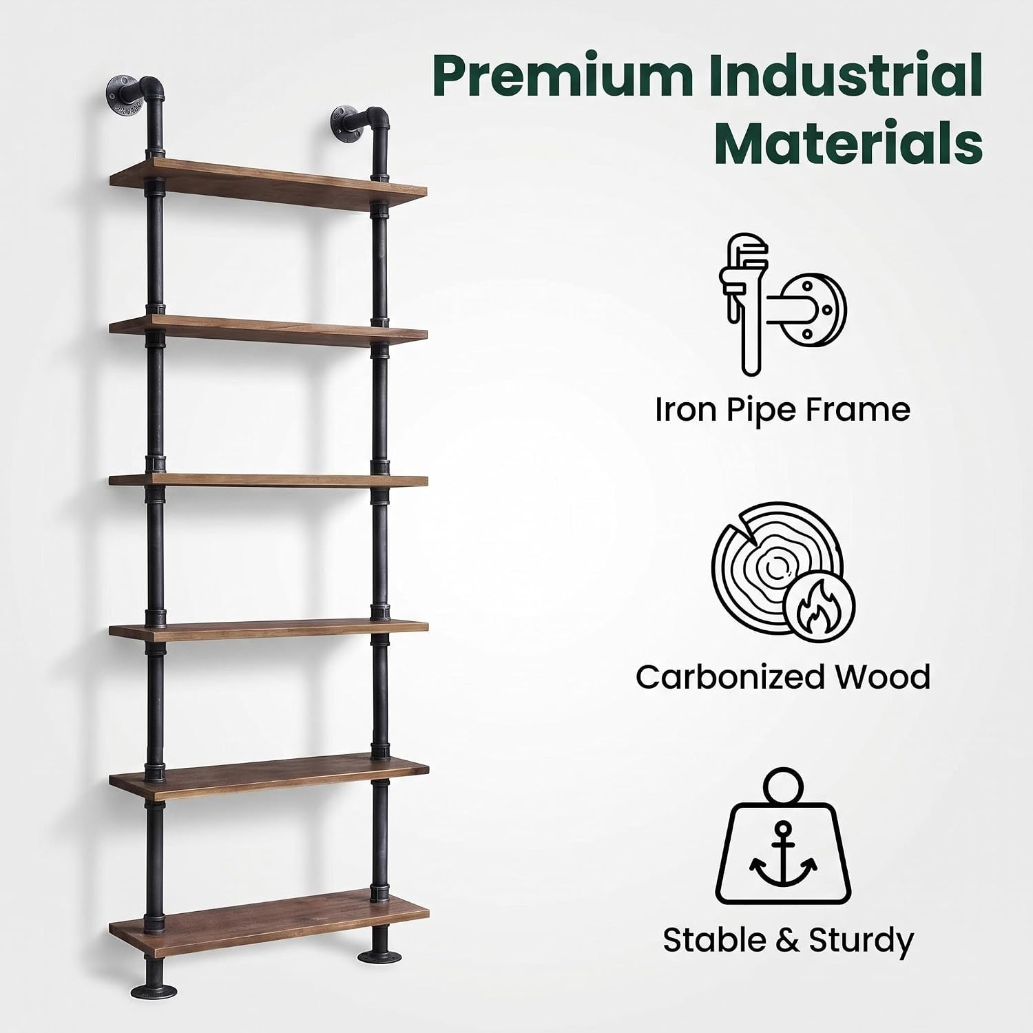 6‑Tier Rustic Wall‑Mount Pipe Wood Shelves