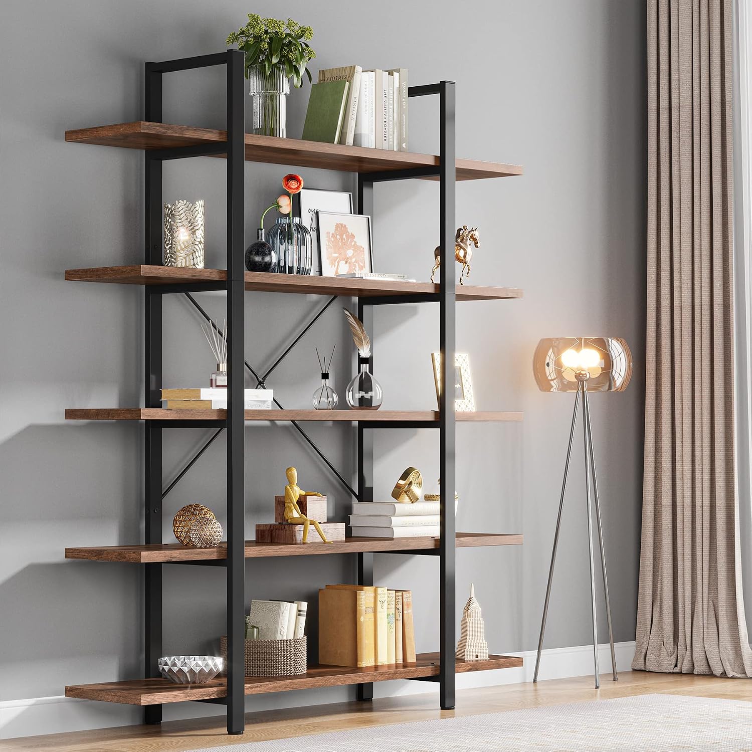 Vintage Industrial 5‑Tier Open Bookshelf