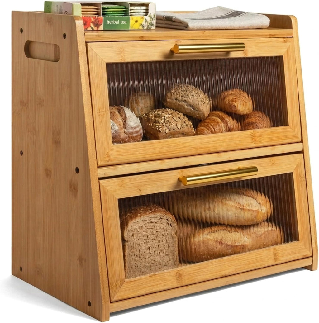 Double‑Layer Bamboo Bread Box With Acrylic Window