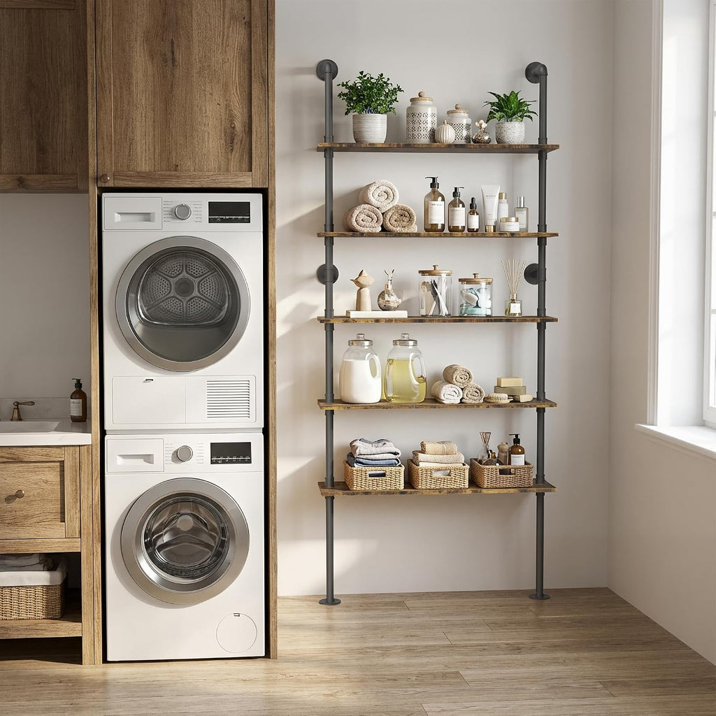 5‑Tier Industrial Pipe Wall Floating Shelves