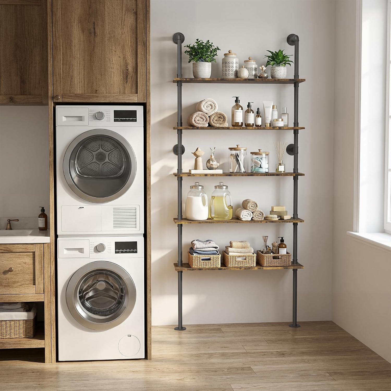 5‑Tier Industrial Pipe Wall Floating Shelves