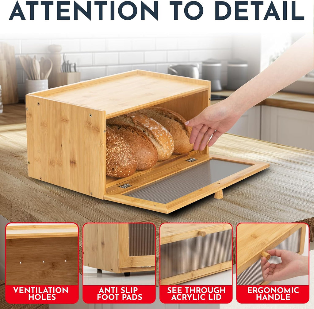 Bamboo Kitchen Bread Box With Acrylic Window