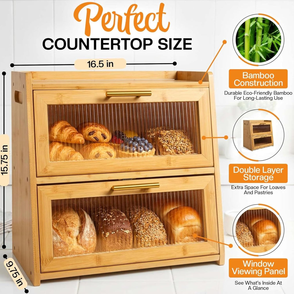 Double‑Layer Bamboo Bread Box With Acrylic Window