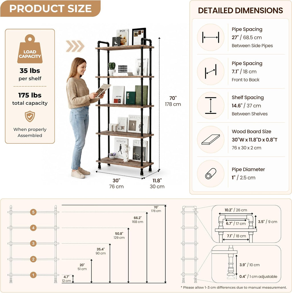 5‑Tier Rustic Industrial Pipe Bookshelf