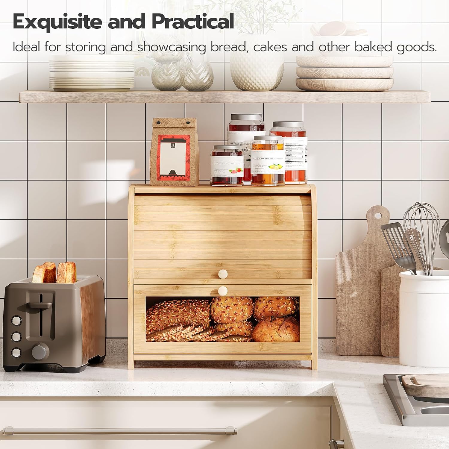 2‑Tier Bamboo Roll‑Top Kitchen Bread Box