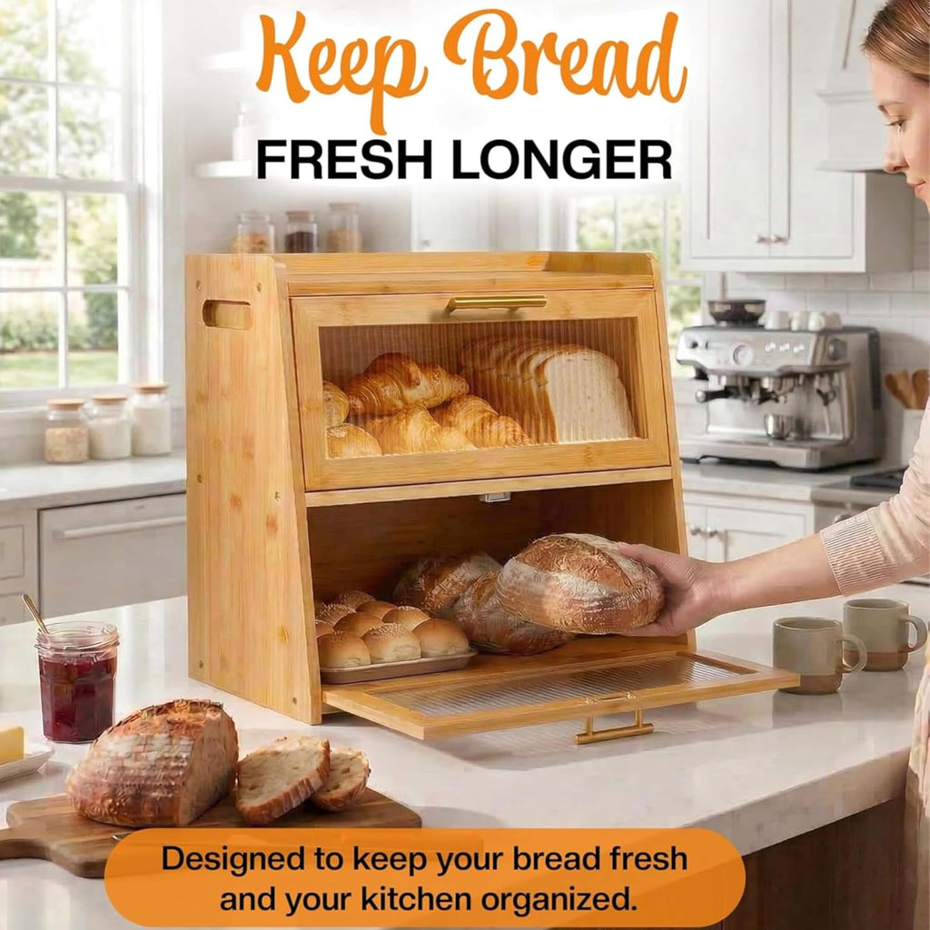 Double‑Layer Bamboo Bread Box With Acrylic Window