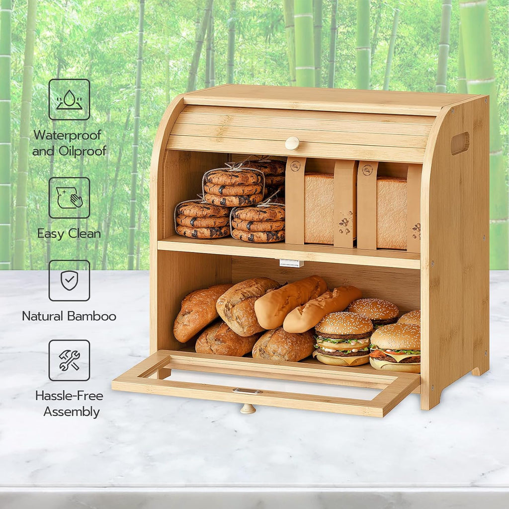 2‑Tier Bamboo Roll‑Top Kitchen Bread Box