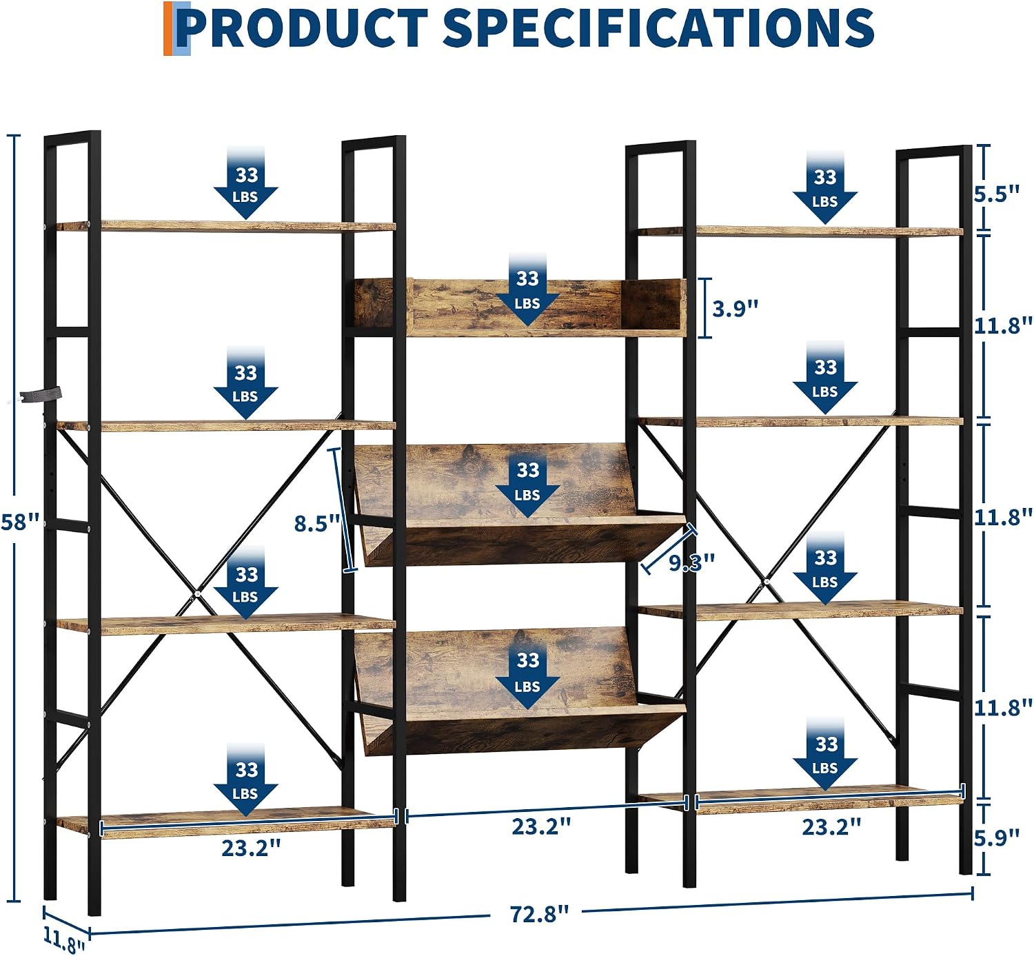 4‑Tier Industrial Wood‑Metal Bookshelf