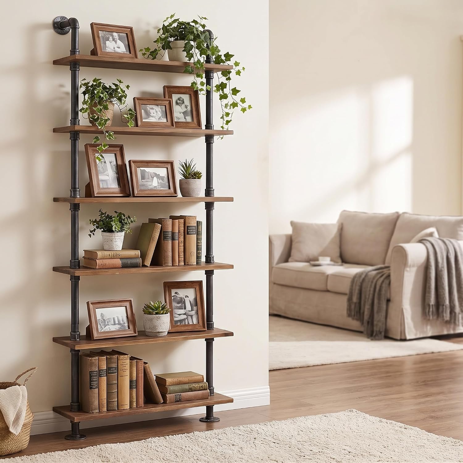 6‑Tier Rustic Wall‑Mount Pipe Wood Shelves