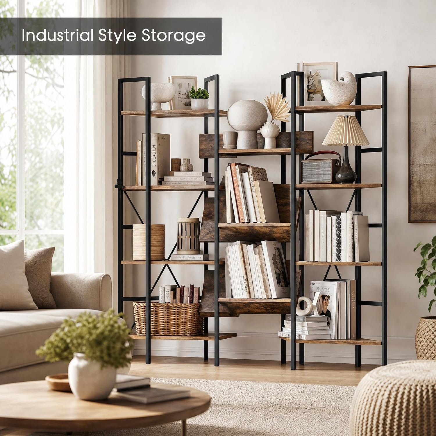 4‑Tier Industrial Wood‑Metal Bookshelf