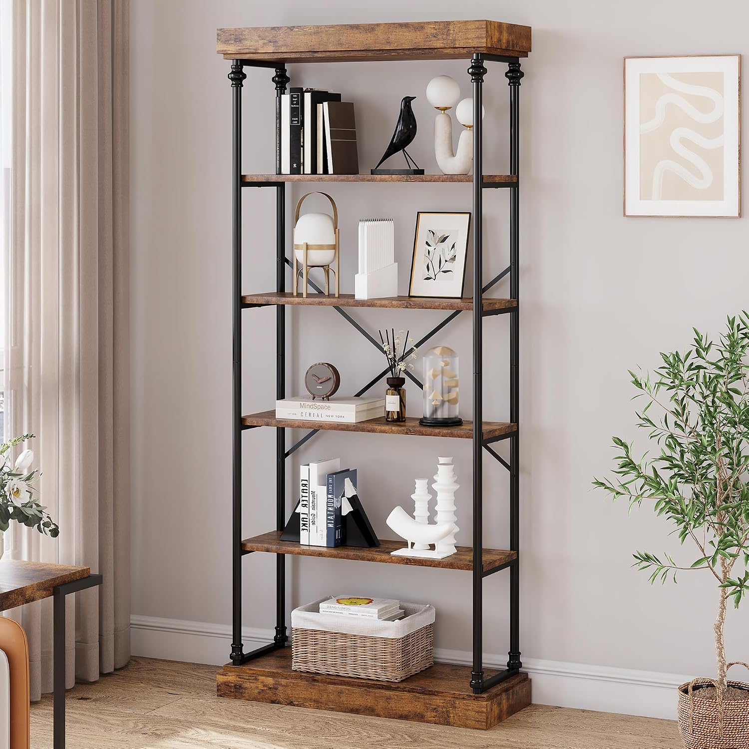 6‑Tier Industrial Vintage Wood Bookshelf