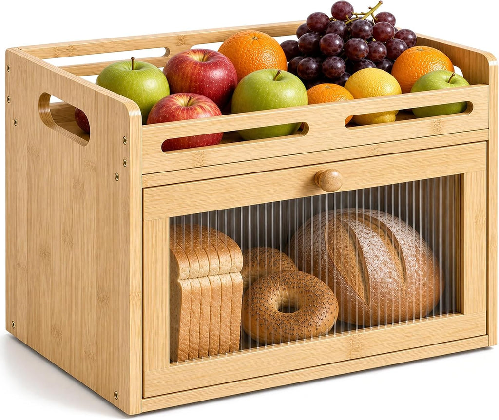 Bamboo Kitchen Bread Box With Top Shelf