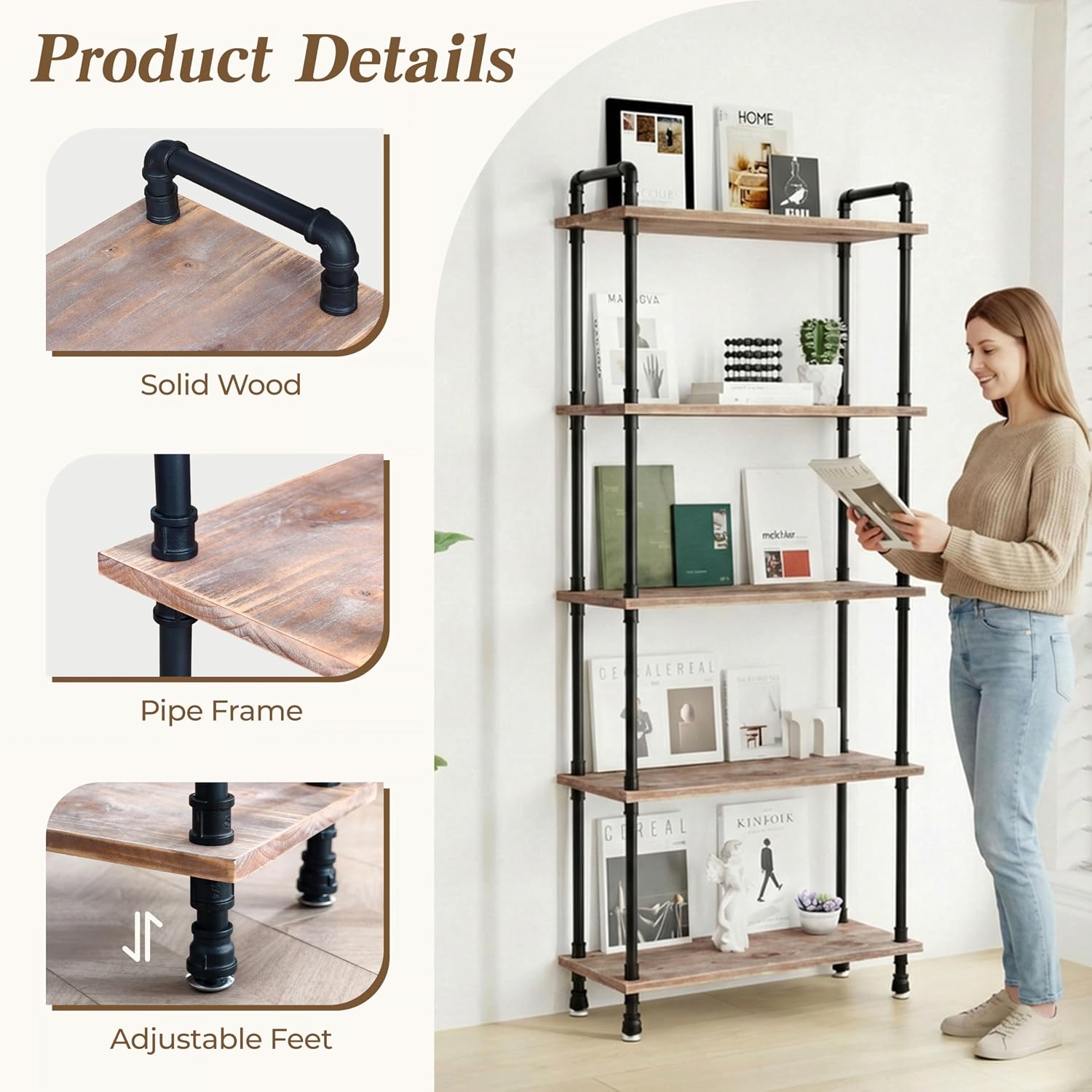 5‑Tier Rustic Industrial Pipe Bookshelf