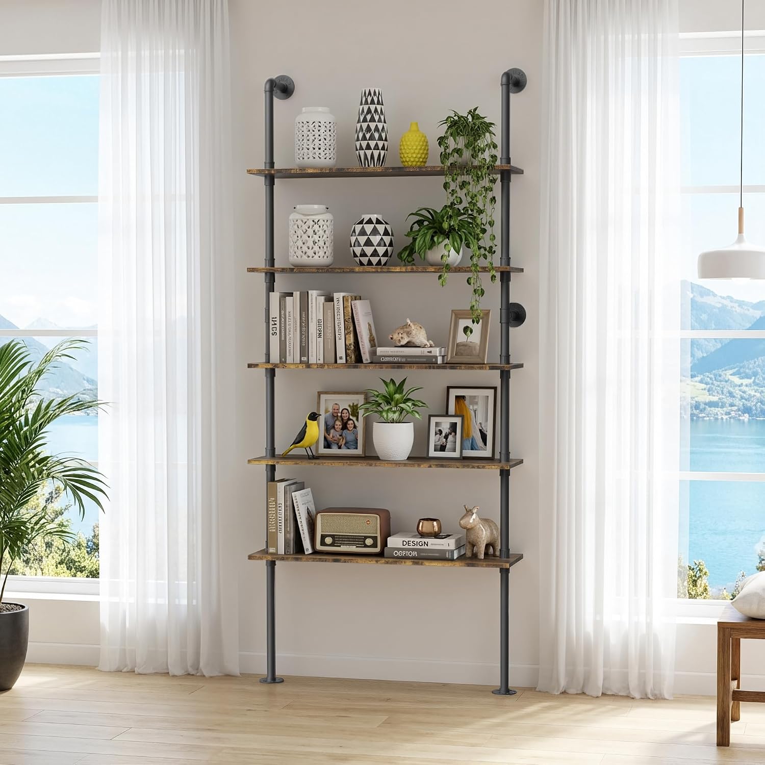 5‑Tier Industrial Pipe Wall Floating Shelves