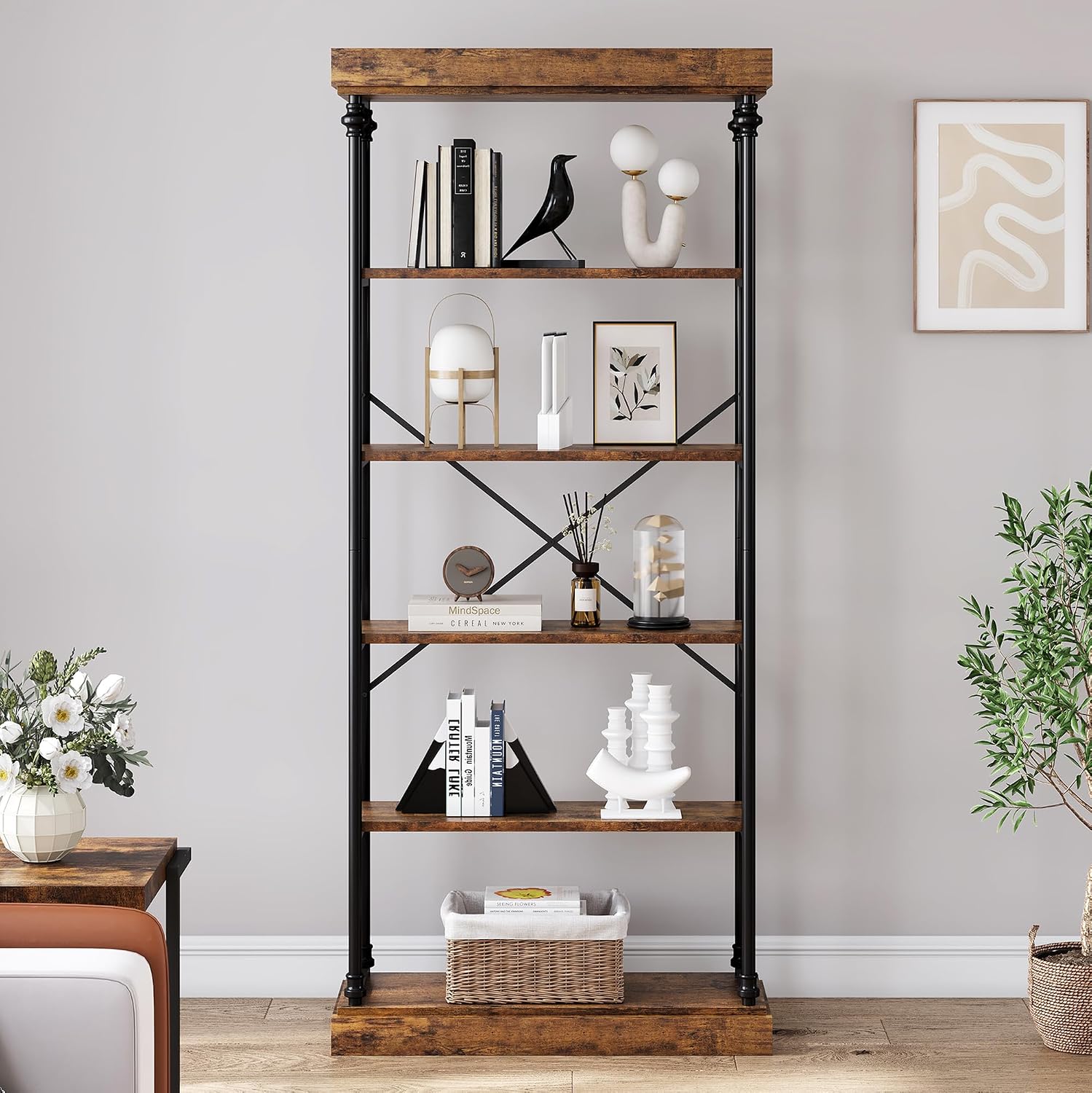 6‑Tier Industrial Vintage Wood Bookshelf